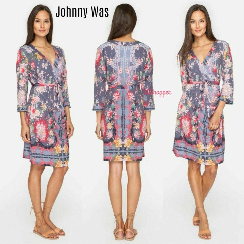 Johnny Was Floral Wrap Dress - Blue and Red